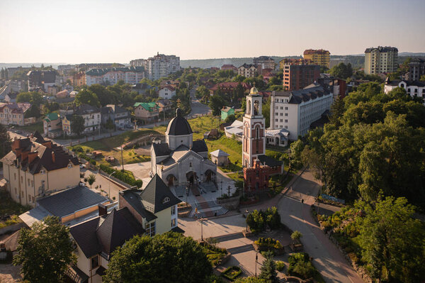 Truskavets, Ukraine - July 7, 2021: Aerial view on St. Nicholas Church in Truskavets, Ukraine