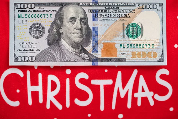 100 Dollar Banknote Merry Christmas Text Red Background Design Purpose — Stock Photo, Image