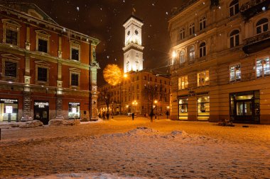 Lviv, Ukrayna - 17 Şubat 2021: Kışın Lviv Belediye Sarayı