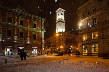 Lviv, Ukrayna - 17 Şubat 2021: Kışın Lviv Belediye Sarayı