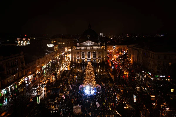 Lviv Ucrânia Dezembro 2021 Abertura Árvore Natal Perto Opera House — Fotografia de Stock