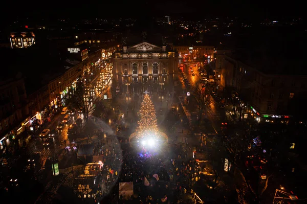 Lviv Ucrânia Dezembro 2021 Abertura Árvore Natal Perto Opera House — Fotografia de Stock