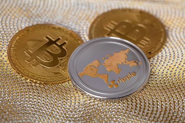 Cryptocurrency Ripple Coin Xrp Token Bitcoin Golden Background Design Purpose — Stockfoto