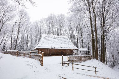 Lviv, Ukrayna - 8 Aralık 2021: Lviv 'deki Klymentii Sheptytskyi Halk Mimarisi ve Kırsal Yaşam Müzesi' ndeki Antik köy evi. Kışın Skansen