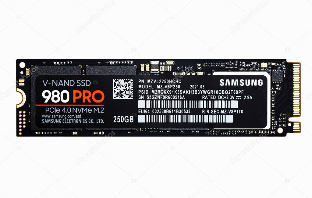 Seoul, South Korea - December 28, 2021: Samsung SSD 980 PRO PCle 4.0 NVMe M.2 on white background