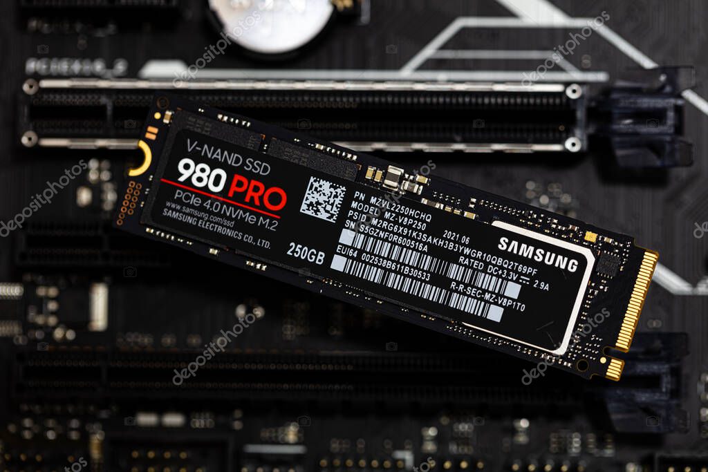 Seoul, South Korea - December 28, 2021: Samsung SSD 980 PRO PCle 4.0 NVMe M.2 on motherboard background
