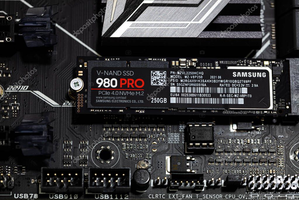 Seoul, South Korea - December 28, 2021: Samsung SSD 980 PRO PCle 4.0 NVMe M.2 on motherboard background