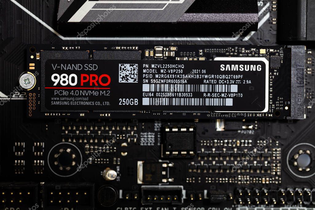 Seoul, South Korea - December 28, 2021: Samsung SSD 980 PRO PCle 4.0 NVMe M.2 on motherboard background
