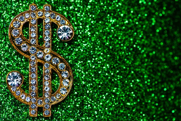 Золотий Знак Долара Дорогоцінними Каменями Зеленому Блискучому Фоні Дизайну — стокове фото