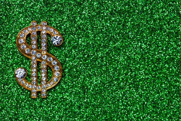 Золотий Знак Долара Дорогоцінними Каменями Зеленому Блискучому Фоні Дизайну — стокове фото