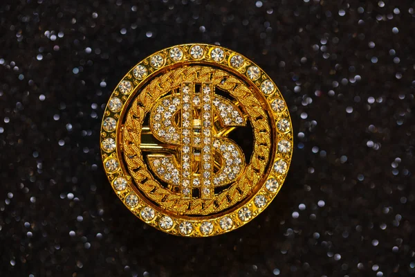Golden Dollar Sign Gemstones Black Glitter Background Design Purpose — Stock Fotó