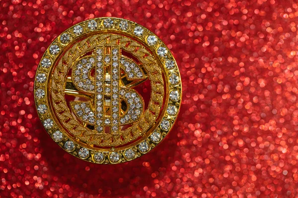 Golden Dollar Sign Gemstones Red Glitter Background Design Purpose — Stock fotografie