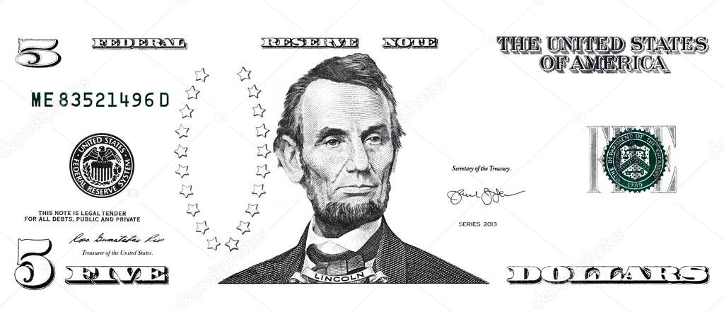 U.S. 5 dollar banknote. Elements for design purpose on white background