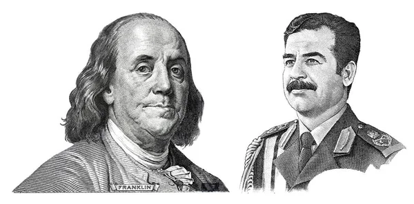 Benjamin Franklin Klipp 100 Dollar Sedel Och Saddam Hussein Klipp — Stockfoto