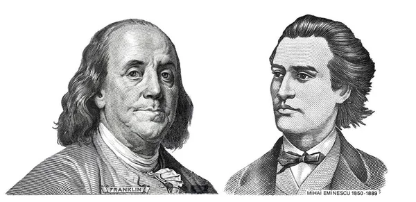 Benjamin Franklin Střih Nové 100 Dolarů Bankovky Mihai Eminescu Střih — Stock fotografie