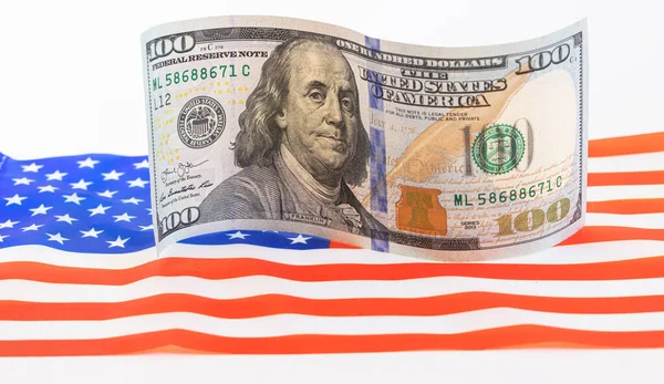 Банкнота 100 Долларов Сша Фоне Американского Флага Дизайнерских Целей — стоковое фото