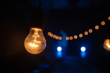 Işık dekoru. Retro ampul çelengi. Aydınlatma duvar kağıdı