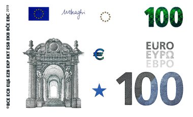 100 Euro 'luk banknot. Beyaz arkaplanda tasarım amacı için elementler