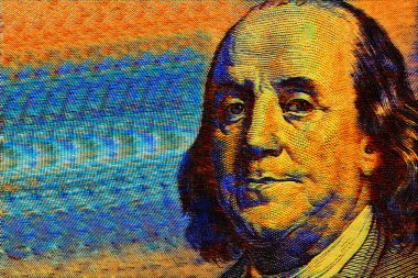 100 dolarlık banknot parçasını tasarım amaçlı renklendirdim. Benjamin Franklin yakın plan