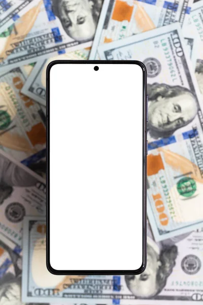 Weißer Smartphone Bildschirm Auf Dollar Banknoten Hintergrund Für Design Zwecke — Stockfoto