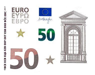 50 Euro 'luk banknot. Beyaz arkaplanda tasarım amacı için elementler