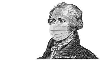 Alexander Hamilton, 10 dolarlık banknottan, cerrahi maskeli, tasarım amaçlı.