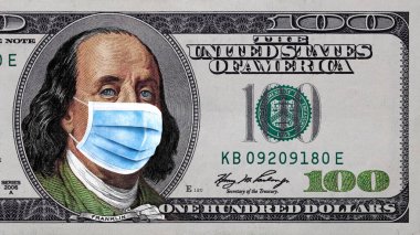 Benjamin Franklin ve ameliyat maskesi eski renklendirilmiş 100 dolarlık banknot tasarım amacı için