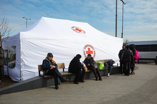 Lviv Ukrajna 2022 Március Vöröskereszt Segítség Ukrán Menekülteknek Lviv Pályaudvaron — Stock Fotó