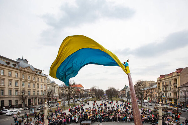 Lviv, Ukraine- March 26, 2022: Concert near Lviv National Opera during russian war