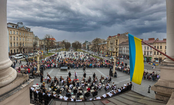 Lviv, Ukraine- March 26, 2022: Concert near Lviv National Opera during russian war