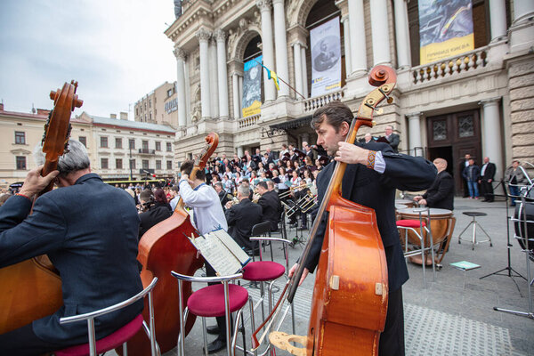 Lviv, Ukraine- March 26, 2022: Concert near Lviv National Opera during russian war