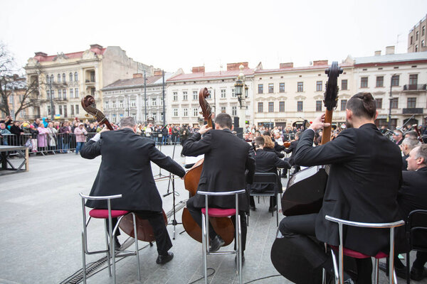 Lviv, Ukraine- March 26, 2022: Concert near Lviv National Opera during russian war