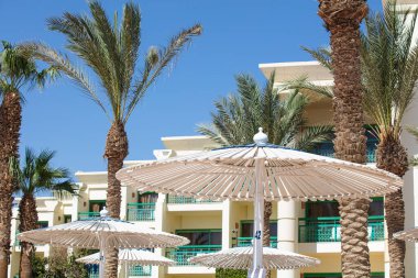 Hurghada, Mısır - 1 Ekim 2019: Mısır 'ın başkenti Hurghada' daki Jaz Casa Del Mar Resort 'ta güneşlik şemsiyeler ve güneşlik yatakları