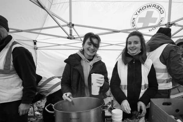 Lviv, Ukrayna - 9 Mart 2022: Rusya savaşı sırasında Lviv tren istasyonundaki Ukraynalı mültecilere Kızıl Haç yardımı