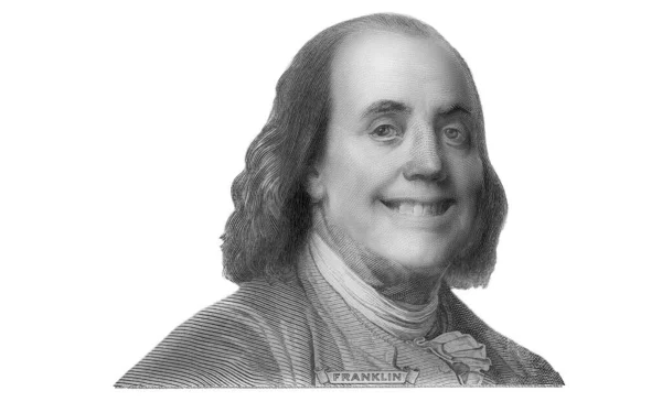 Benjamin Franklin Snížit Nové 100 Dolarů Bankovky Izolované Bílém Pozadí — Stock fotografie