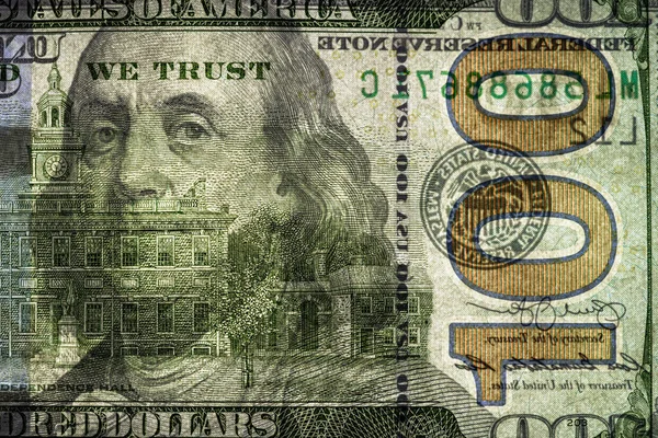 Fragmento Nota 100 Dólares Com Informação Visível Sobre Reversão Notas — Fotografia de Stock