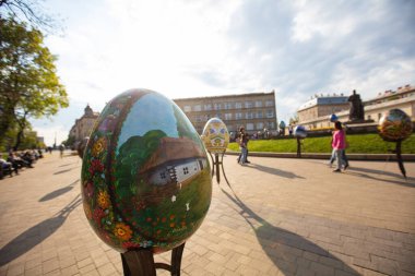 Lviv, Ukraine - May 3, 2022: Easter egg (pysanka) exhibition in Lviv near St. George's Cathedral