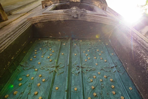 Closeup Acient Green Forged Doors Golden Stars Tectured Background Dominican — стоковое фото