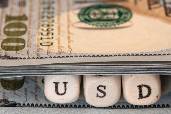 Usd Word Written Wooden Blocks 100 Dollar Banknote Background Design — Stockfoto