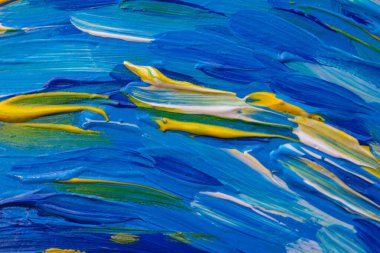 Tasarım amacı için fırça darbeleriyle mavi ve sarı resme yakın çekim