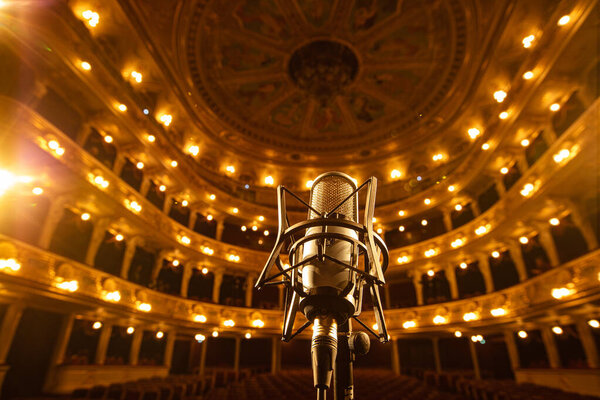 Lviv, Ukraine - November 12, 2019: Closeup of microphone on Lviv Opera House interior