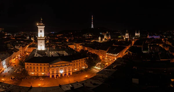 Vista Aérea Prefeitura Lviv Noite Partir Drone — Fotografia de Stock