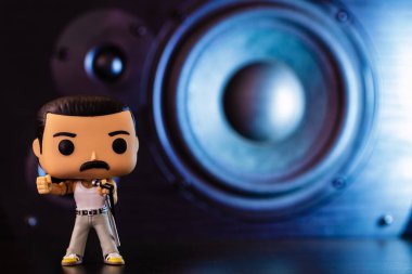 London, UK - July 27, 2022: Funko POPO vinyl figure of Freddie Mercury (Queen) on speakers background