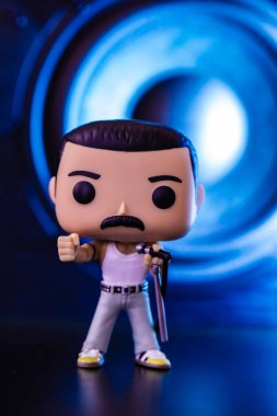 London, UK - July 27, 2022: Funko POPO vinyl figure of Freddie Mercury (Queen) on speakers background