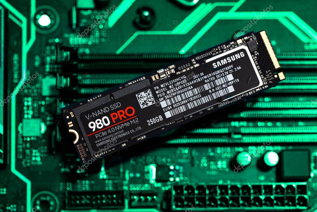Seoul, South Korea - December 28, 2021: Samsung SSD 980 PRO PCle 4.0 NVMe M.2 on motherboard background