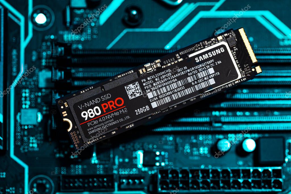 Seoul, South Korea - December 28, 2021: Samsung SSD 980 PRO PCle 4.0 NVMe M.2 on motherboard background