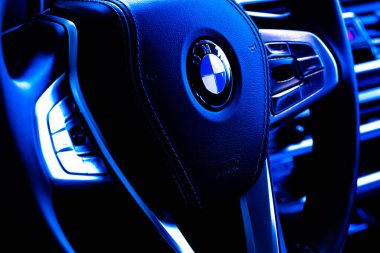 Lviv, Ukrayna - 6 Ağustos 2020: BMW araba direksiyonu