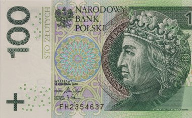 Obverse of 100 polish zloty banknote for design purpose