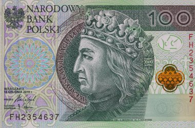 Obverse of 100 polish zloty banknote for design purpose