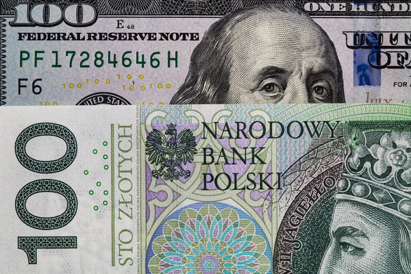 100 Dollar Und 100 Polnische Zloty Banknoten Für Designzwecke — Stockfoto